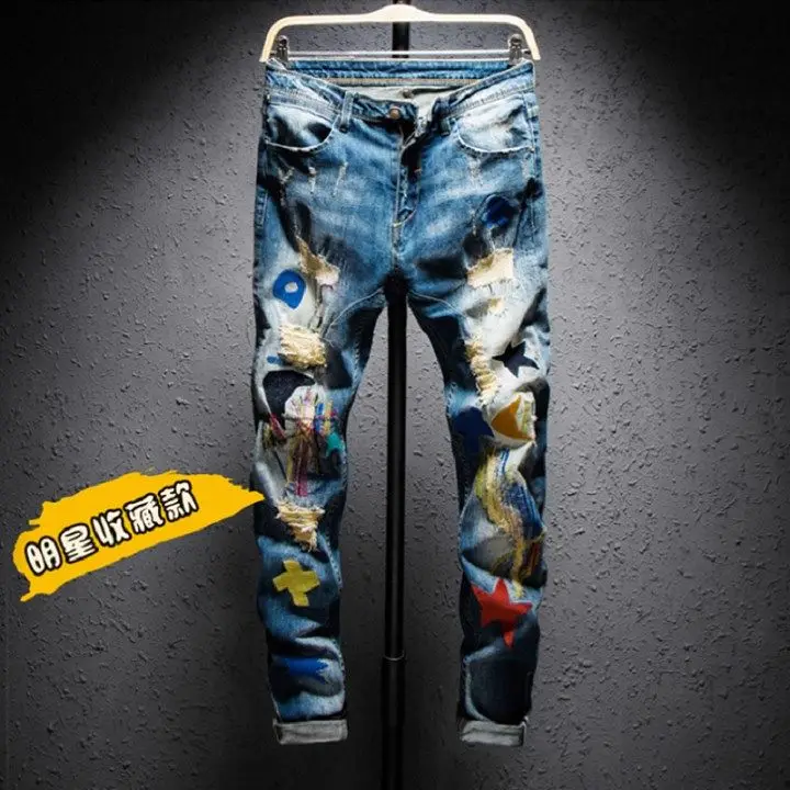 

Весна 2024, новые модные джинсы, мужские эластичные корейские модные брендовые облегающие брюки-бойфренды с цветочной нашивкой и вышивкой