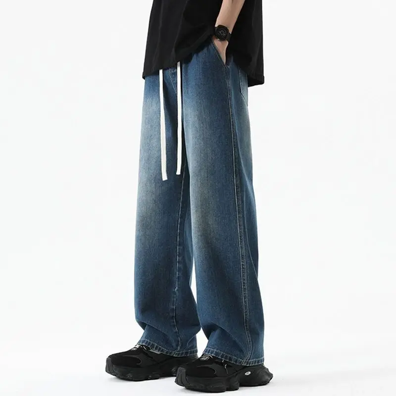 2025 nuevos pantalones vaqueros largos informales coreanos para hombres pantalones de pierna ancha de mezclilla de pierna recta clásicos para hombres color sólido AMI AMORING azul claro