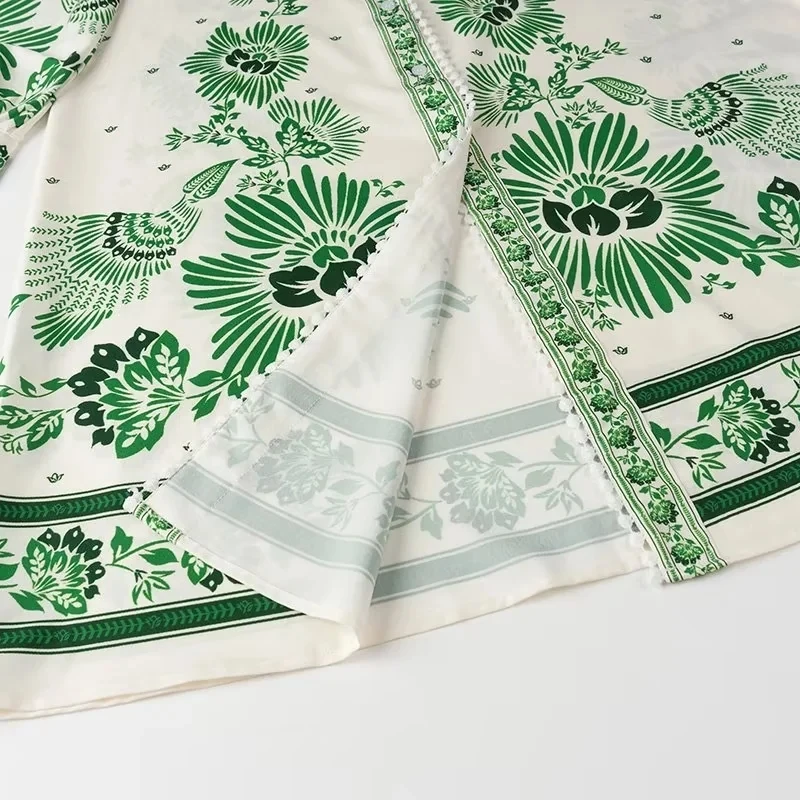 JNLEAOG Faionable décontracté imprimé longue Sve Dr femmes rue Sle taille ample Polyester Fiber a-ligne jupe bouton unique