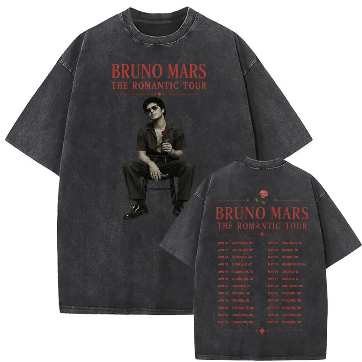 Vintage Washed Bruno Mars Rose Romantic Tour Graphic T-shirt Men Women Hip Hoppunk Pop Music T Shirts Summer Tops Casual T Shirt