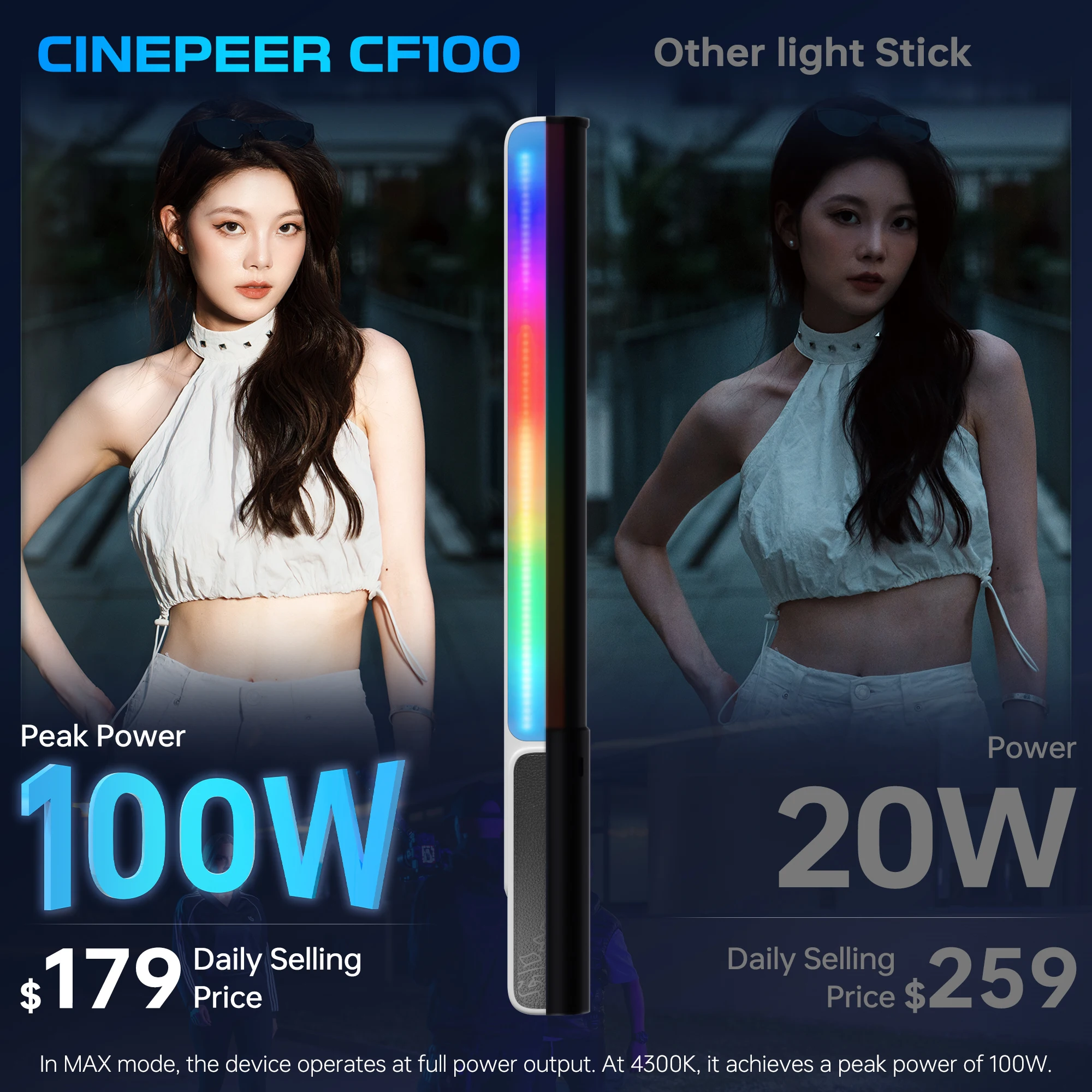 ZHIYUN CINEPEER CF100 100W RGB LED Video Light Wand Stick 2700K-6500K CRI 96+ with 6 Light Effects Continuous Output Lighting