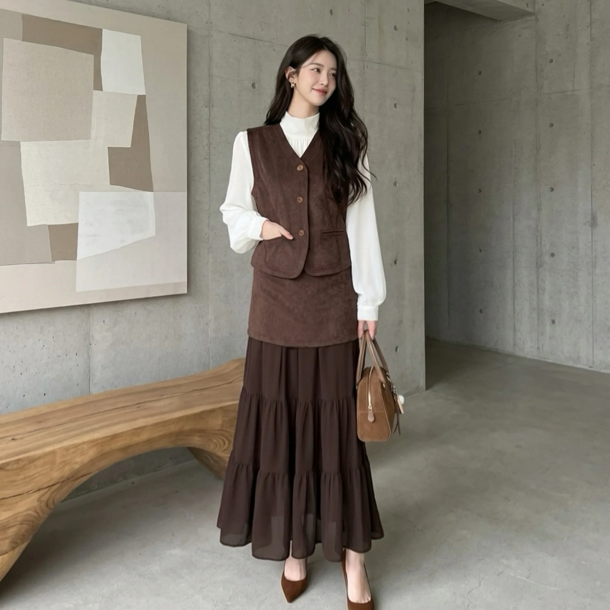 Vintage Women Skirt Suit Set Autumn Elegant White Shirt Brown Vest with Pocket Tiered Cake Maxi Skirt 3 Piece Outfits DM3CSJ002