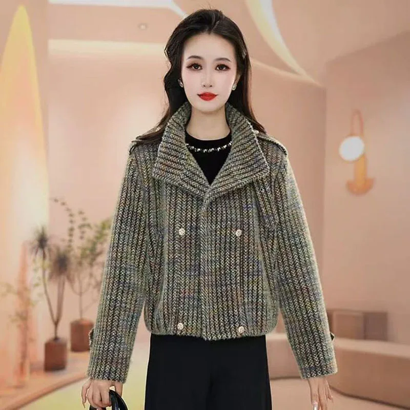 2026 Vintage Autumn Wool Blend Coat Women Multicolor Herringbone Tweed Top Double Breasted Loose Cropped Jacket Luxury Outerwear
