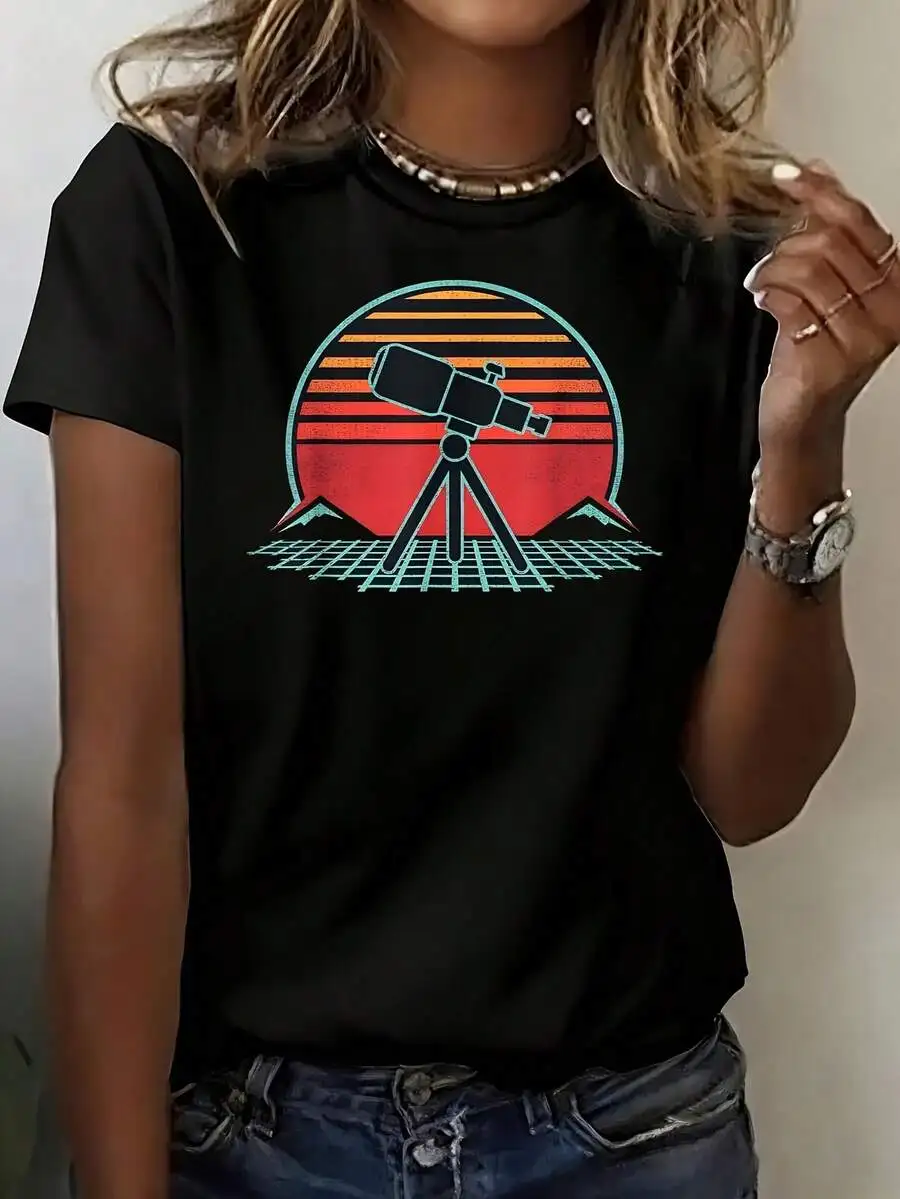 

Astronomy Telescope Retro Space Science Vintage 80s Women Oversized Graphic Short Sleeve Tee 100% Polyester Casual Crew Neck Top