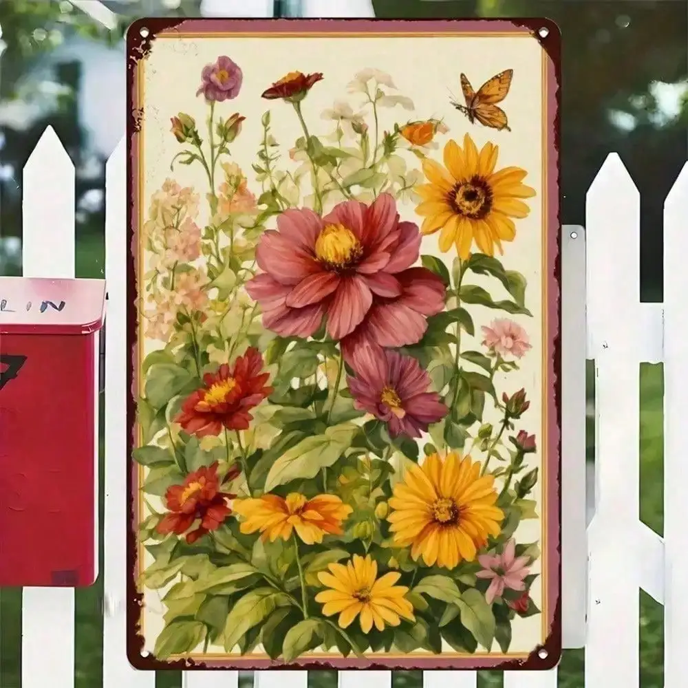 Rustic Vintage Metal Tin Sign Floral Butterfly Wall Art Decor 12x8 Inch Waterproof for Home Garden