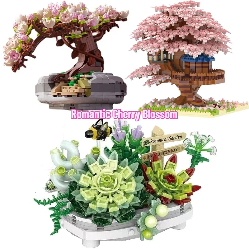 

Romantic Bouquet Cherry Blossom Succulent Potted Model Home Decoration DIY Assembled Flower Building Blocks Kids Girl Toy Gift