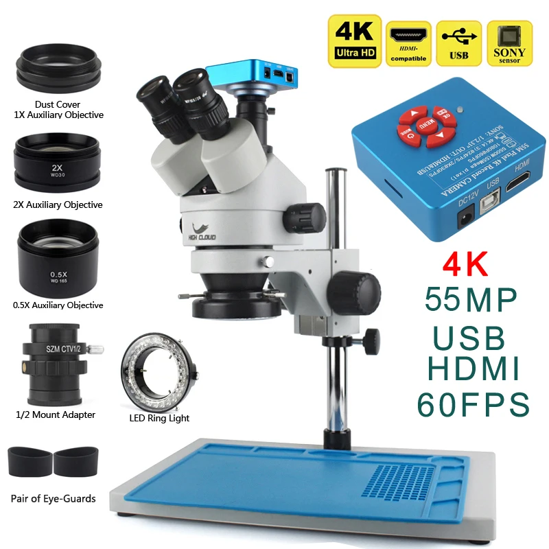 Stereo Trinocular Microscope 3.5X-90X Continuous Zoom with 0.5X 2X Auxiliary Objective Lens 48MP 55MP 4K HDMI USB Camera