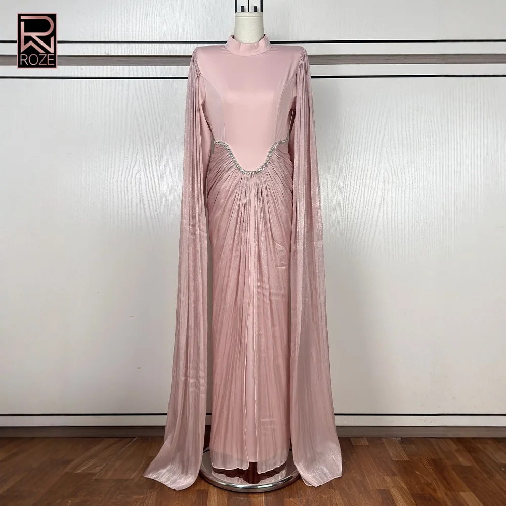 

Элегантное розовое струящееся платье макси с высоким воротником и кристаллами, сказочное вечернее платье для женских банкетов, вечеринок и особых мероприятий