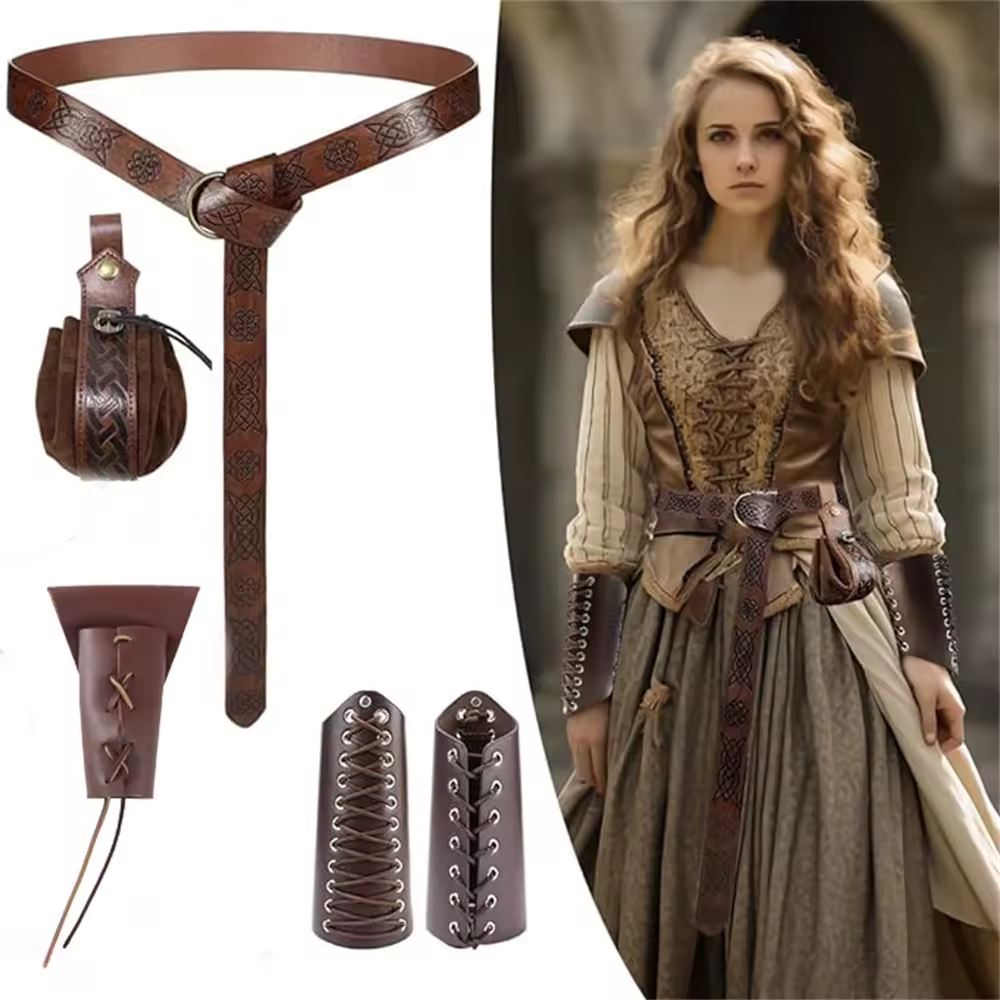 Conjunto de accesorios para disfraz de Halloween, cinturón de caballero Medieval renacentista, bolso Vintage vikingo, accesorios de Cosplay, conjunto de cinturón de cuero, 5 uds.