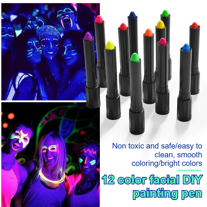 12 color luminous face painting tool, party Halloween event makeup props,Diy face graffiti, washable human body painting crayons