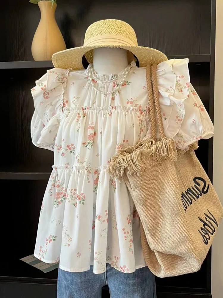 

Рубашка с короткими рукавами и цветочным принтом, женская летняя блузка в кукольном стиле, корейский стиль Dongda Gate, свободный крой, круглый вырез, застежка на пуговицы