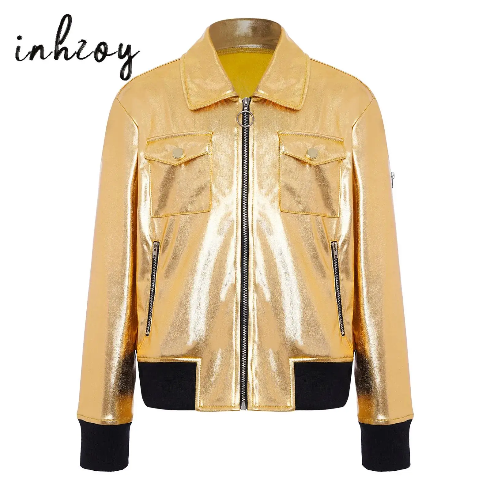 

Kid Girls Jazz Hip Hop Dance Top Jacket Coat Metallic Turn-Down Collar Long Sleeve Contrast Color Zip-Up Outerwear with Pockets