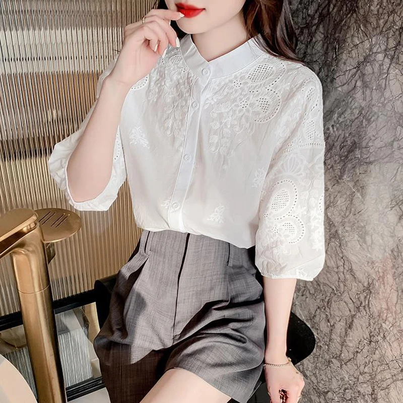 Summer Korean Fashion Vintage Embroidery White Button Up Shirt for Women Casual Chic Sweet Short Sleeve Blouse Top Female Blusas