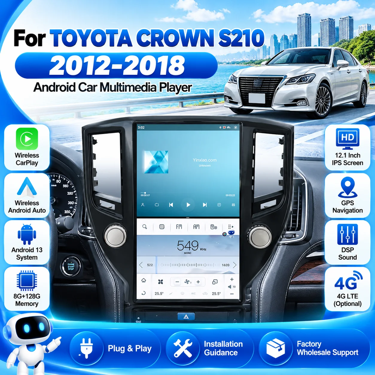 CarPlay GPS Navigation 4G WiFi Android 13 Car Radio For Toyota Crown S210 14th Gen 2012-2018 8+128G Multimedia Head Unit