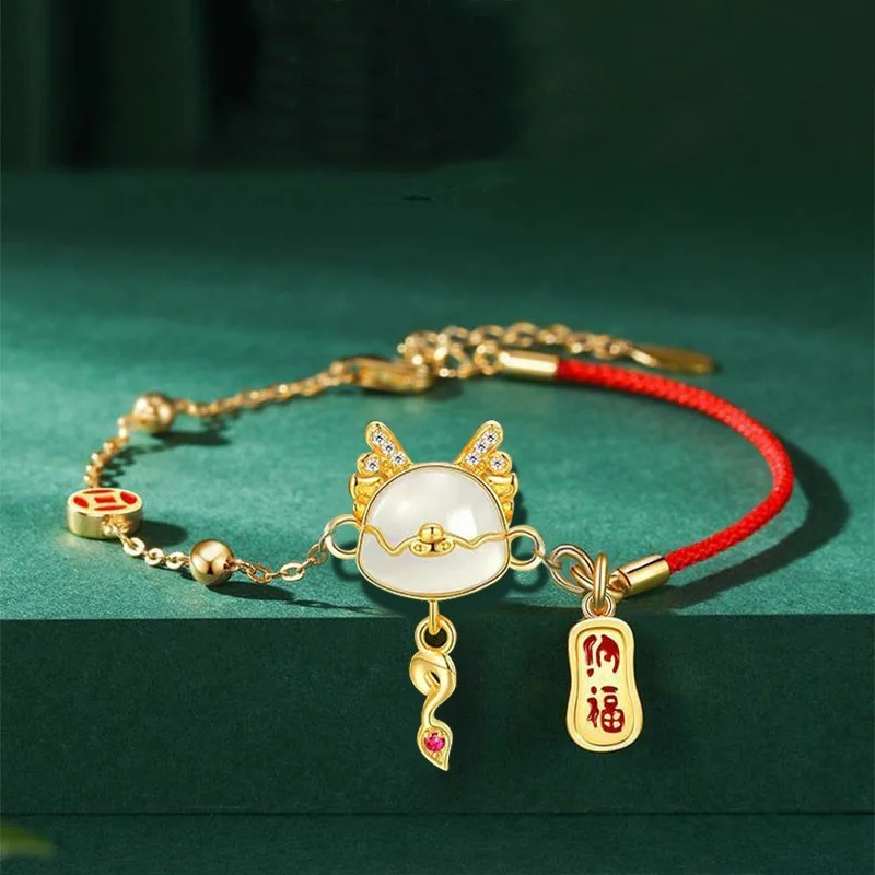 Lucky Nafu Pendant Bracelets for Women Creative Ethnic Chinese Dragon Red Rope Bracelets 2024 New Year Amulet Jewelry Gifts