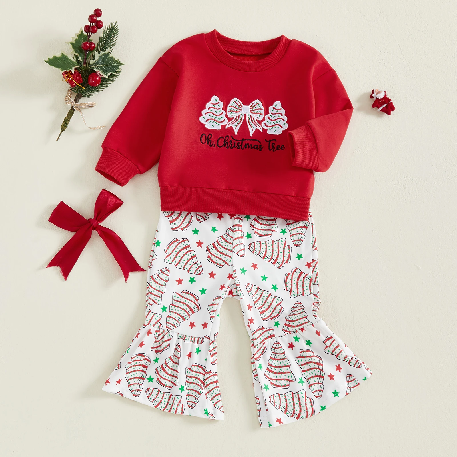 

2026 New Year Toddler Little Girl Christmas Outfit Bow Tree Applique Crewneck Sweatshirt and Flare Pants 2 Piece Winter Fall Set