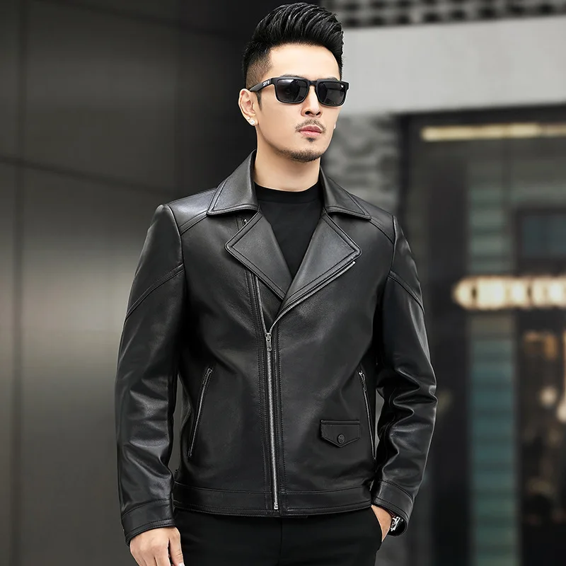 

Men's Leather Jacket, Youth Men,Genuine Sheepskin Jacket, Lapel Collar, Slim Outerwear, Spring Autumn 4XL