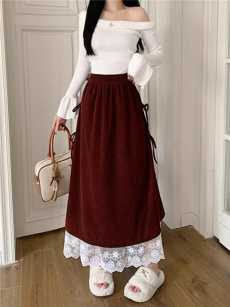 تنورة نصف تنورة جديدة من الدانتيل لعام 2025 للنساء لربيع وصيف تنورة طويلة فضفاضة للتخسيس على شكل حرف a