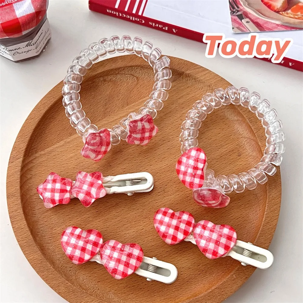 4pcs Star Heart Shape Elastic Hair Bands Red White Checked Rubber Spiral Hair Ties Korean Style Hair Accessories