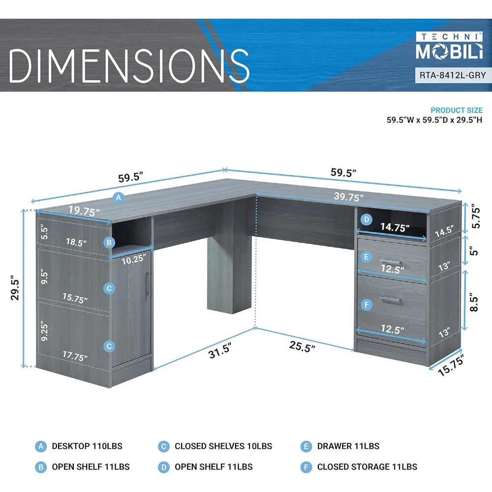 Funkcjonalne biurko komputerowe Techni Mobili w kształcie litery L ze schowkiem, L jest 59.5 "szeroki x 59.5" długi, szaro