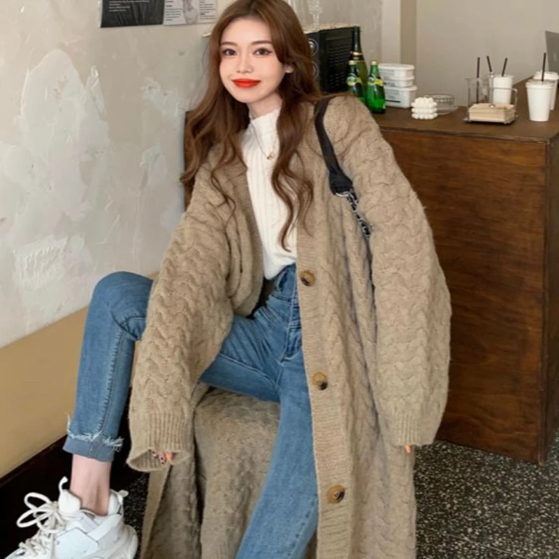 

New Thicken Mid-Length Knitted Sweater Women V Collar Cardigans Casual Loose Chic Cardigan Sweater With