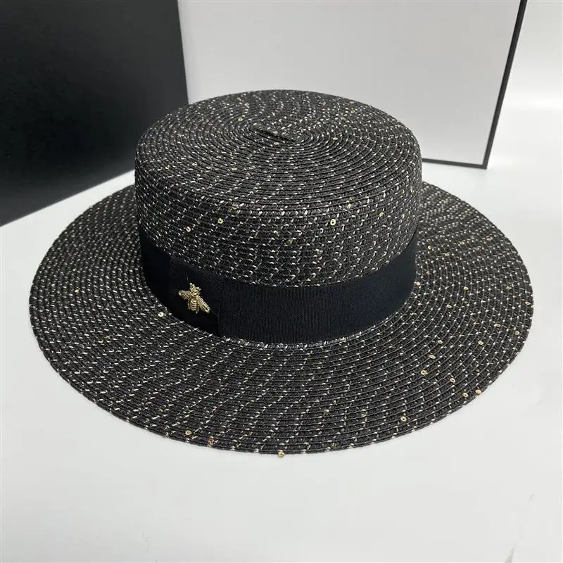 2025 Women's Sun Summer Boater Straw Hat Fashion Shine Gold Flat Top Sunshade Sequins Bee Designer Vacation Panama Beach  Hat