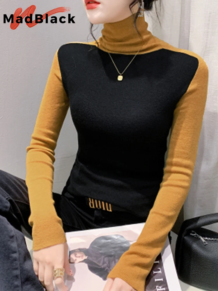 

MadBlack European Clothes Sweater Women Mock Neck Color-Block Slim Knit Long Sleeve Elastic Basic Pullover Fall Winter T39956JD