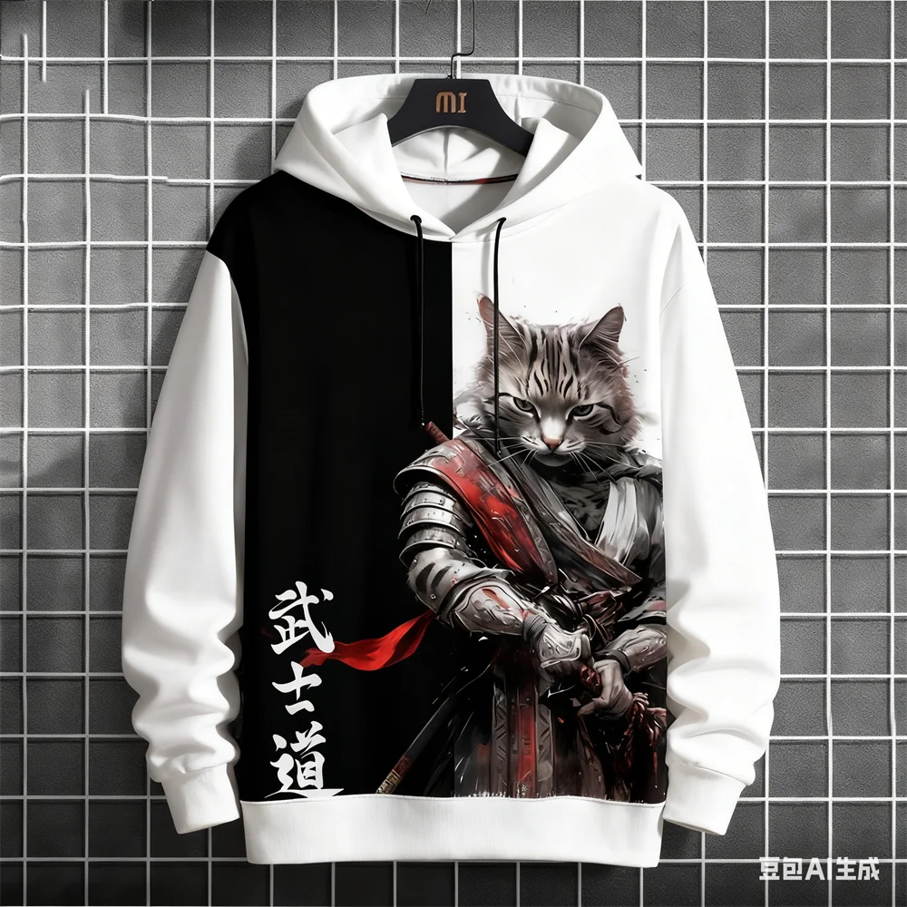 

Funny 3D Samurai Cat Print Men's Hoodies Autumn and Winter Casual Loose Sweatshirts Fashion Unisex Pullover Street y2k Clothes