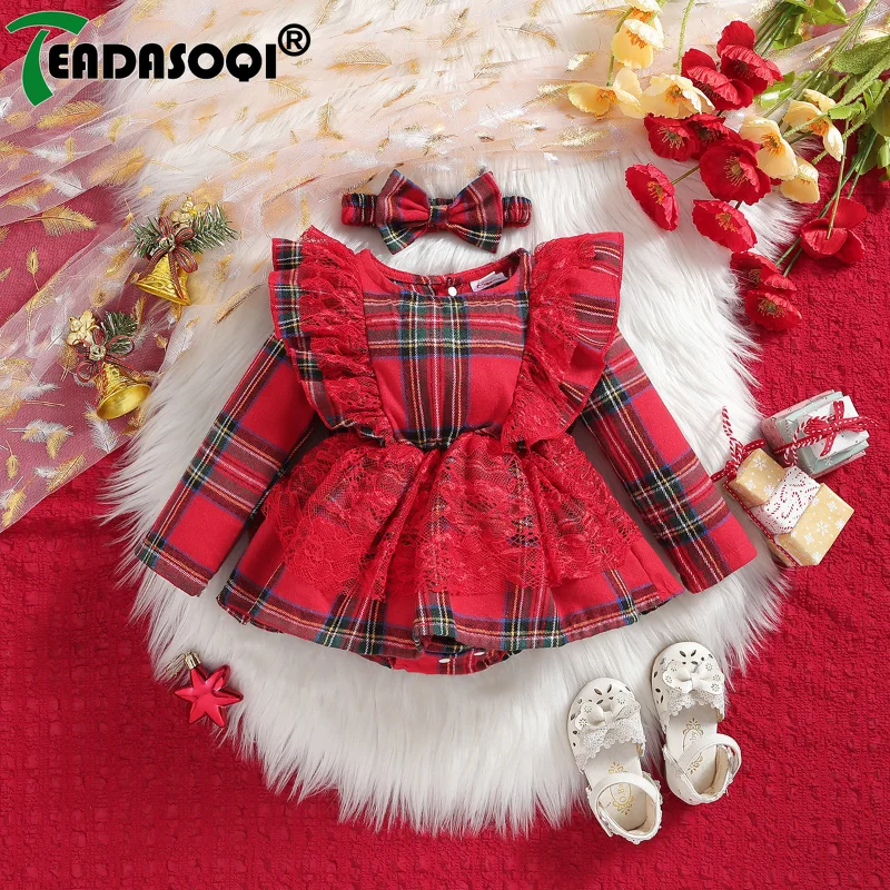 

0-24M Christmas Baby Girls Clothing Rompers Dress Plaid Printed Lace Ruffles Long Sleeve Jumpsuits with Headband Kids Clothes