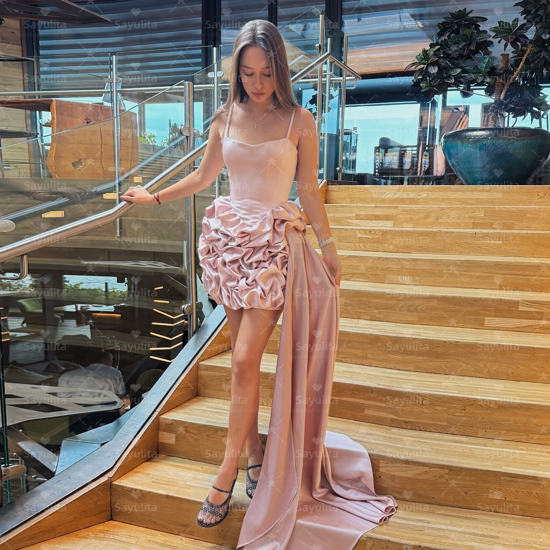 Sayulita Cascading Ruffles Mini Prom Dresses Spaghetti Straps Graduation Party Homecoming Dress with Long Flutters Customized