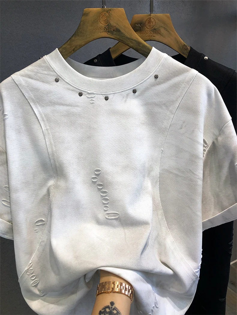Fashion Trend Heavy-duty Rivet Dyed Round Neck Short Sleeve T-shirt Men's 2025 Summer Loose Casual Half Sleeve Top