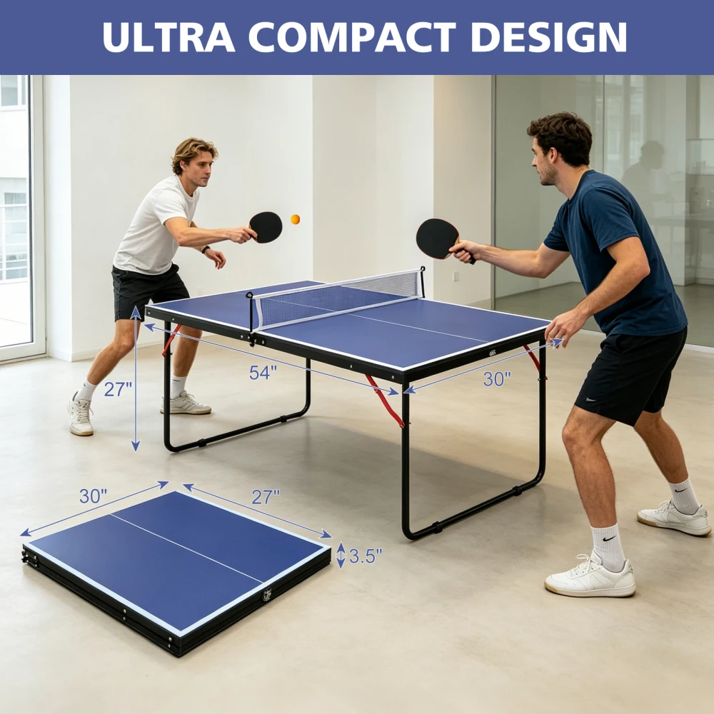 Ye 4.5FT Foldable Table Tennis Table, Suitable Ping Pong Table with Net and 2 Bats, Easy to Store, Blue