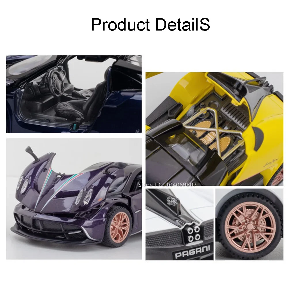 1:32 Pagani Huayra Dinastia Giocattolo Modello di auto sportiva Pressofuso in lega Suono Luce Tirare indietro Pneumatici in gomma Veicolo da corsa per la raccolta