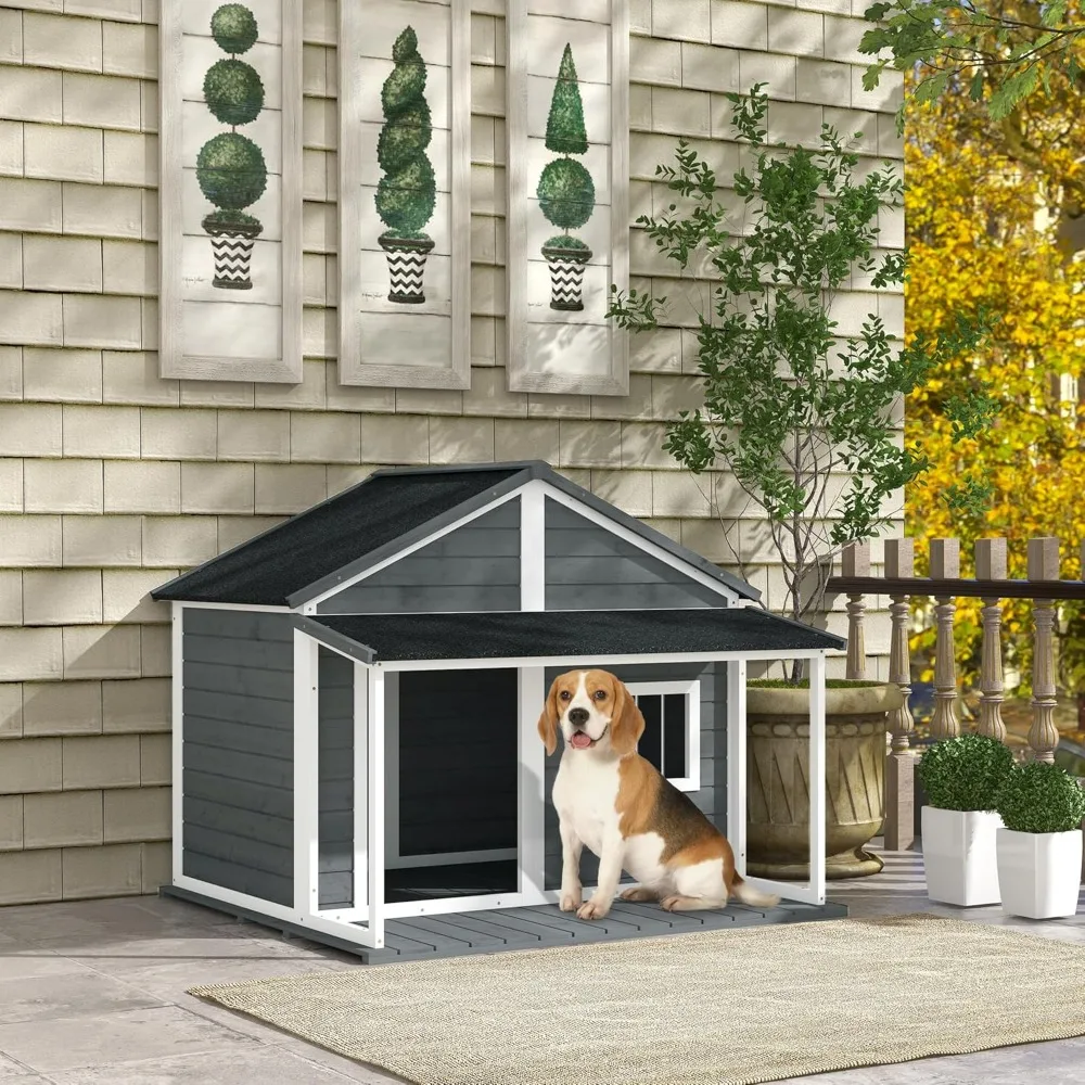 Outdoor Dog House Cabin Style,Wooden Raised Pet Kennel with Asphalt Roof,Front Door,Side Window,Porch for Medium and Large Dogs