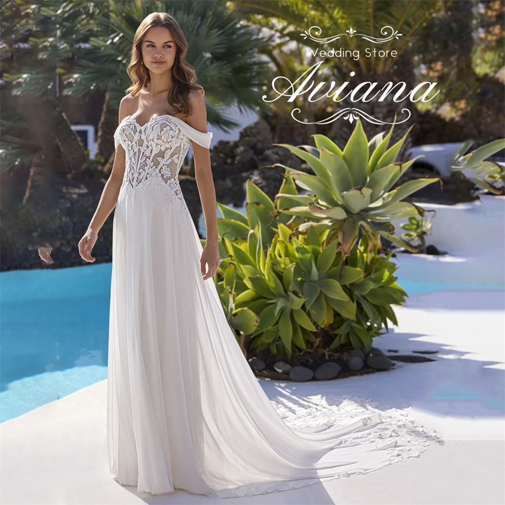 Aviana مخصص الحبيب قبالة الكتف فستان الزفاف المستقيم الدانتيل يزين التطريز مشد سويب تراين طول الأرض 2025