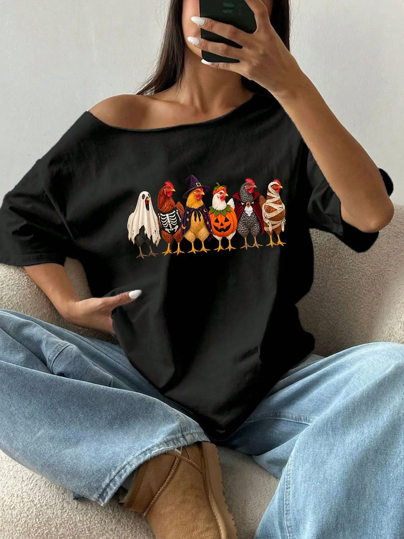 100% Cotton Plus Size Halloween Chicken Print Shoulder Loose Print T-Shirt Oversized Y2K Style Graphic Tees Women Tops Summer