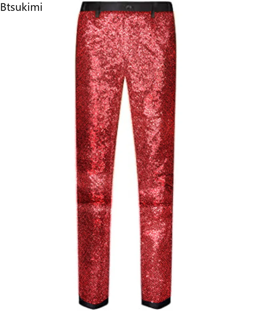 New 2026 Men's Sequin Glitter Suit Pants Fashion Slim Fit Straight Dress Trousers Party Stage Performance Costumes Pants for Men