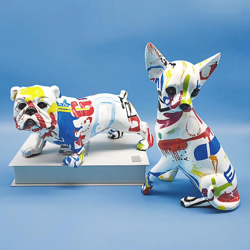 Nordic Colorful Graffiti Sculpture Chihuahua Dog Modern Statue Painted Bulldog Office Living Room Decoration Creative Ornament