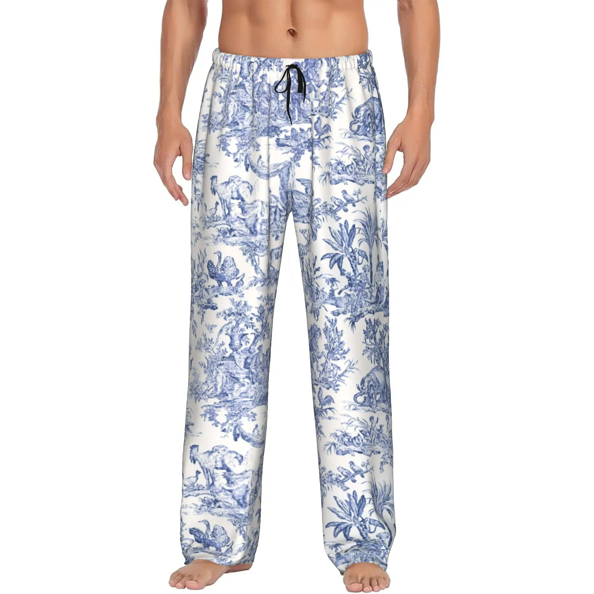 Custom Print Men Navy Blue Toile De Jouy Pajama Pants French Countryside Floral Sleepwear Sleep Lounge Bottoms with Pockets
