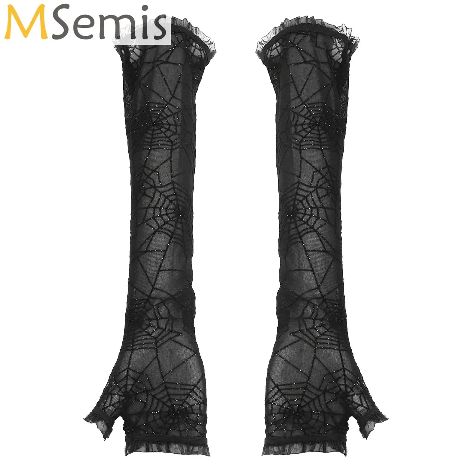 1 Paar lange fingerlose, durchsichtige, elastische Spinnennetz-Handschuhe für Damen, Kostümzubehör für Halloween-Themenpartys, Tanzaufführungen