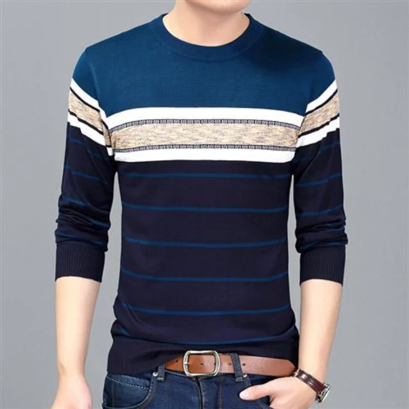 Men's Clothing 2023 Autumn and Winter New Temperament Versatile Fashion Commuter Round Neck Long Sleeve Casual Stripe Pullover