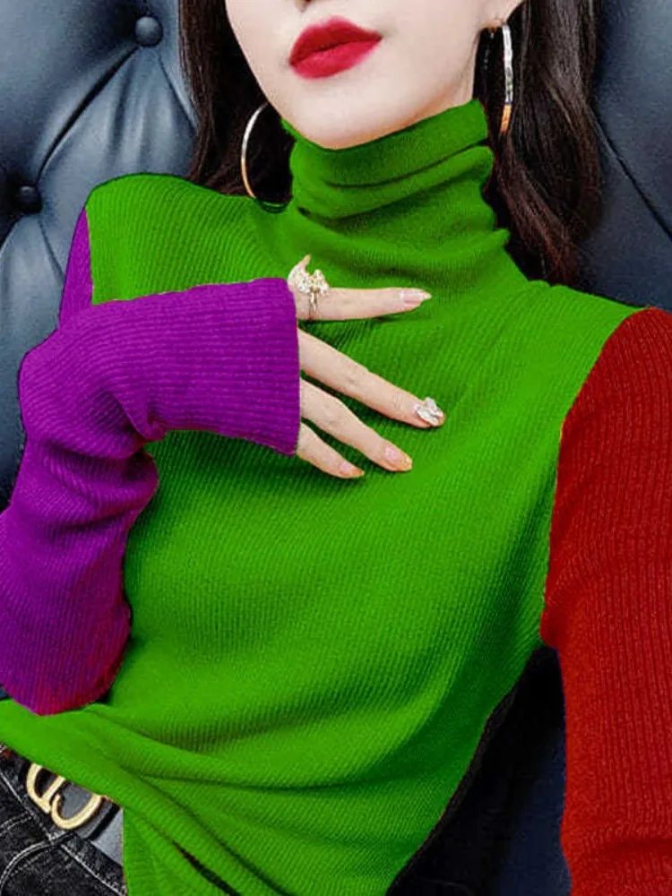 

Faionable Color Blo Knitted Base irt Women's Slim Fit High Collar Long Sve Sweater Sli Agel Trendy Winter Wear