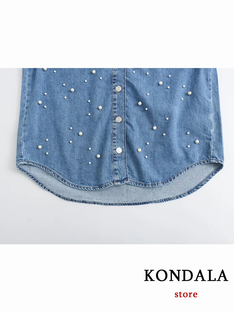 KONDALA New Chic Solid Blue Denim Women Oversized Shirt Fashion 2023 Autumn Casual 3D Jewel Long Sleeve Streetwear Button Blouse