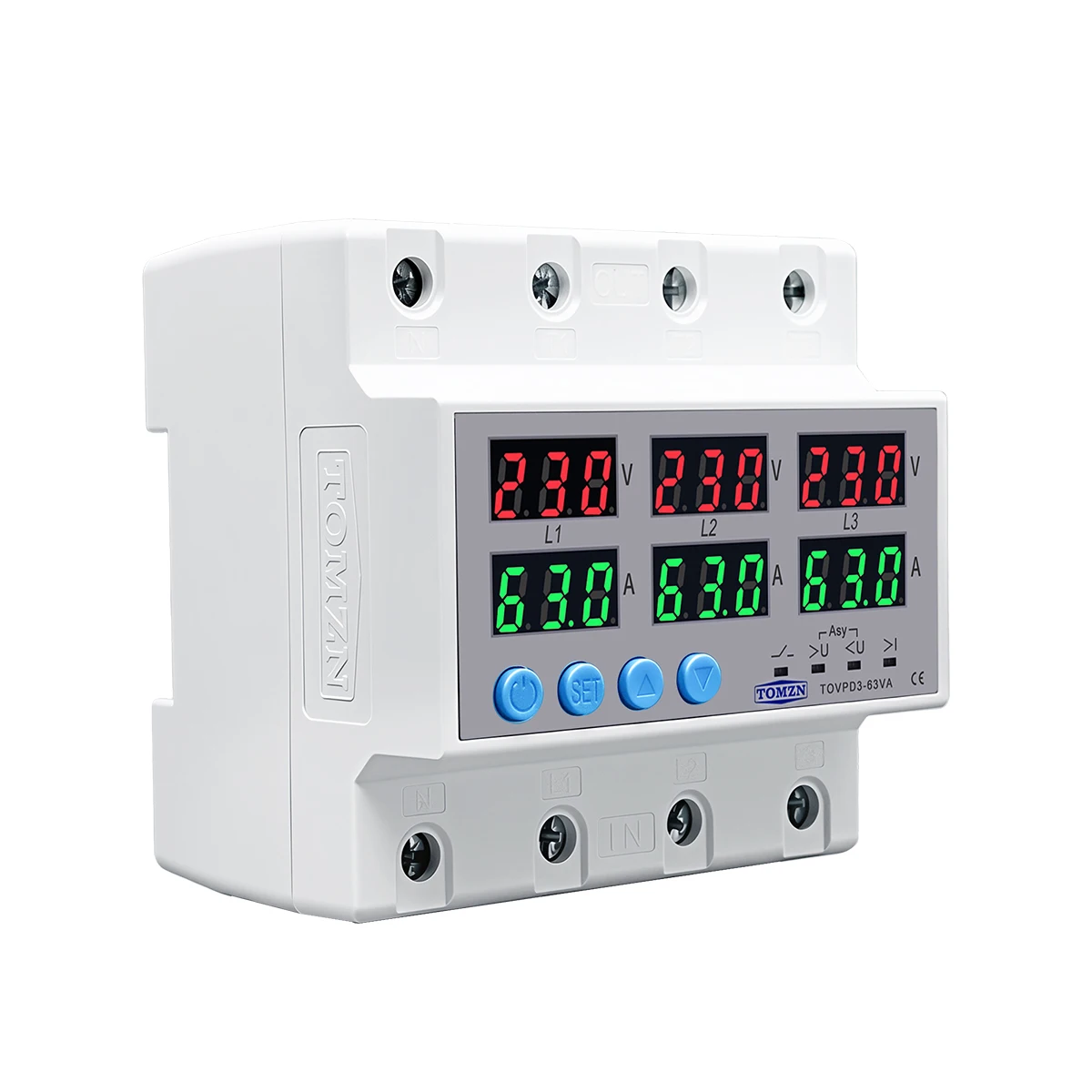 3 Phase 3P+N Din Rail Voltmeter Ammeter Adjustable Over Under Voltage Current Limit Protection Monitor Relay Protector Safe
