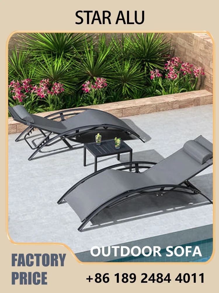 Outdoor Furniture Set 2 Folding Chaise Lounge Chairs with Side Table Pool Beach Patio Waterproof Gray Sunbed