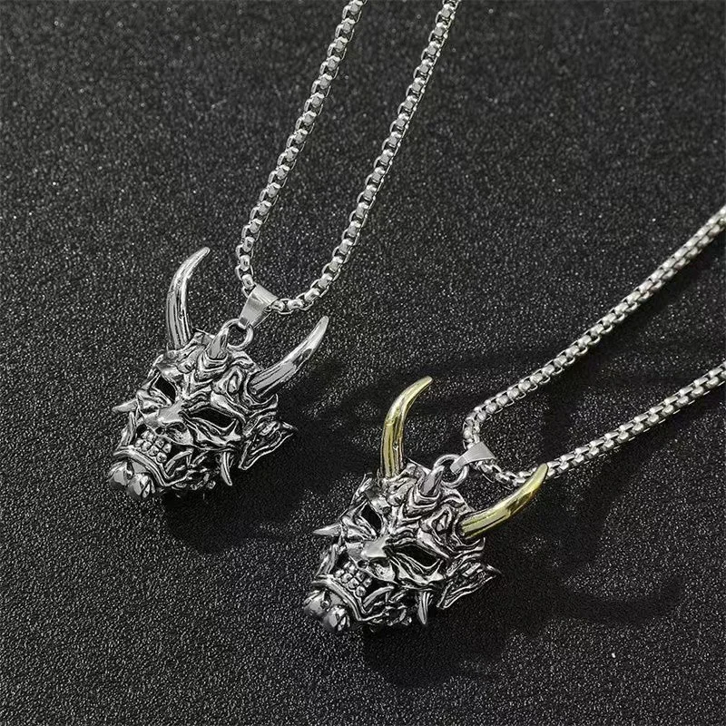 Golden Horn Silver Horn Prajna Necklace Men's Ghost Mask Pendant Demon Horror Fierce Sweater Chain Men’s Necklace