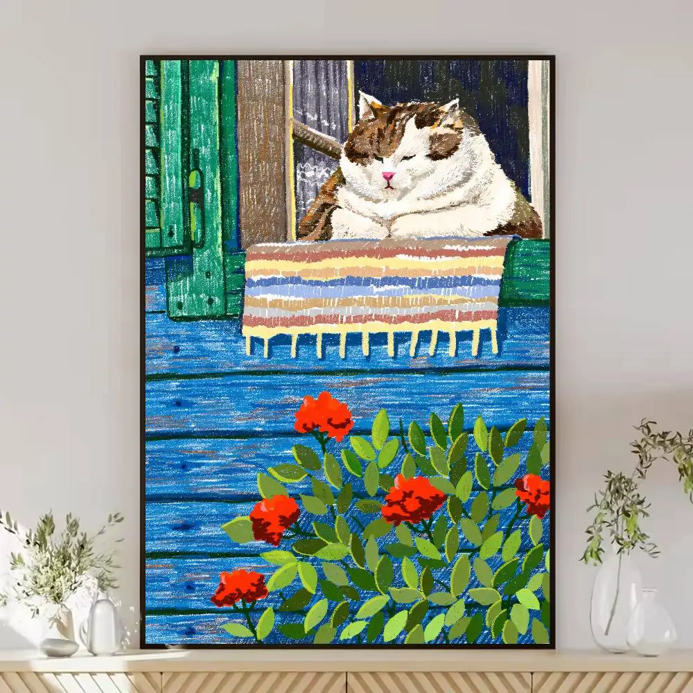 Cute Fat Cat Window Sill Poster Colorful Oil Painting Print Red Flower Cottage Wall Art Poster for Living Room Wall Decor