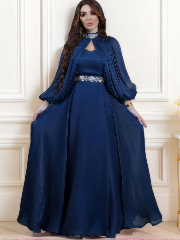 Morocco Chiffon Pleated Muslim Dress Women Ramadan Abaya Plus Lantern Sleeve Dresses Islamic Vestido Moroccan Kaftan Arabic 2024