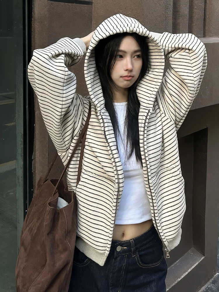 

Khaki American Stripe Hoodie Women's Autumn Design Unique Couple Zipper Jacket Lazy Style Top Long Sleeve Hooded Zipper Strip...