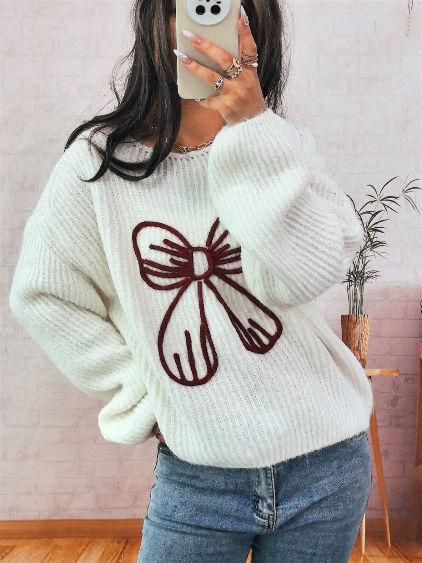 

Autumn and winter new simple casual bow embroidery decoration knitted pullover sweater long sleeved sweater for women